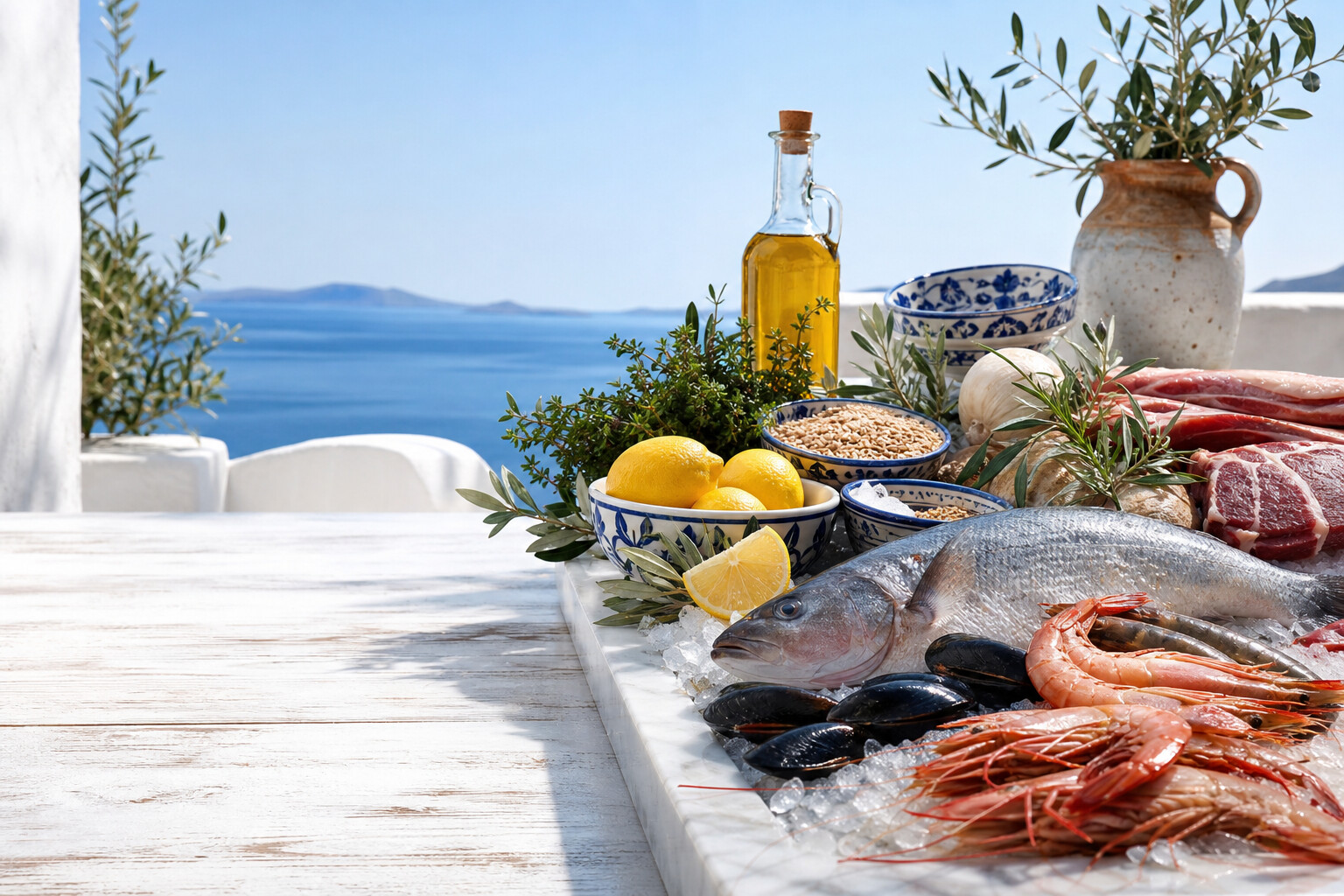 A market spread of fresh seafood, marbled meat and pantry staples